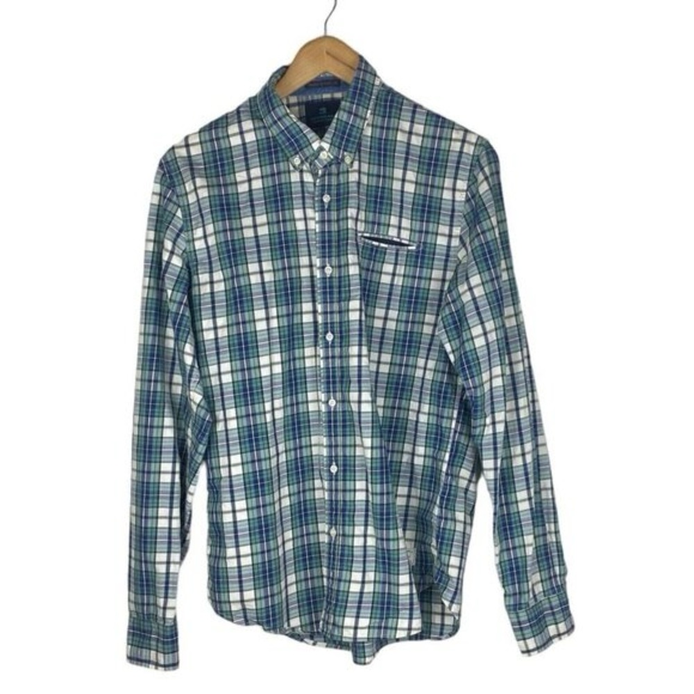Scotch & Soda Mens Green Blue Plaid Button Up Shirt US L